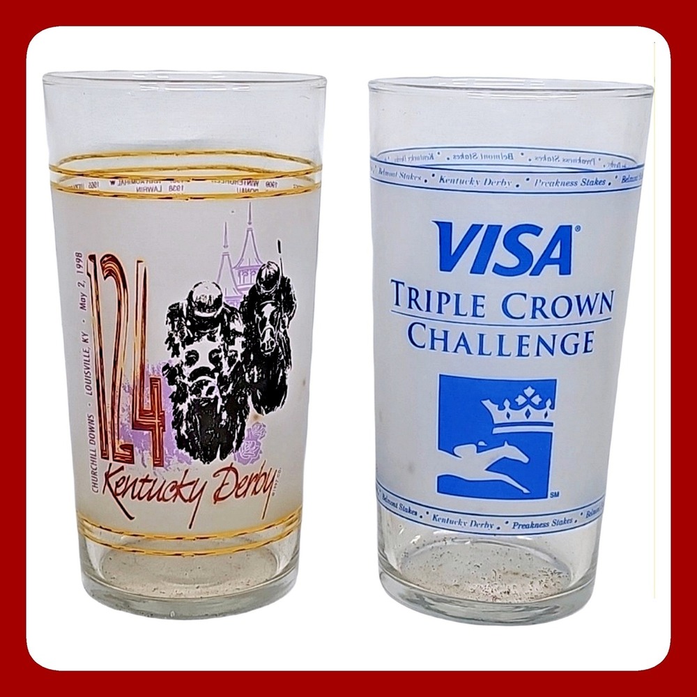Set of 2 Vintage Kentucky Derby 124 Glass Visa Triple Crown Challenge Cups EUC‎
